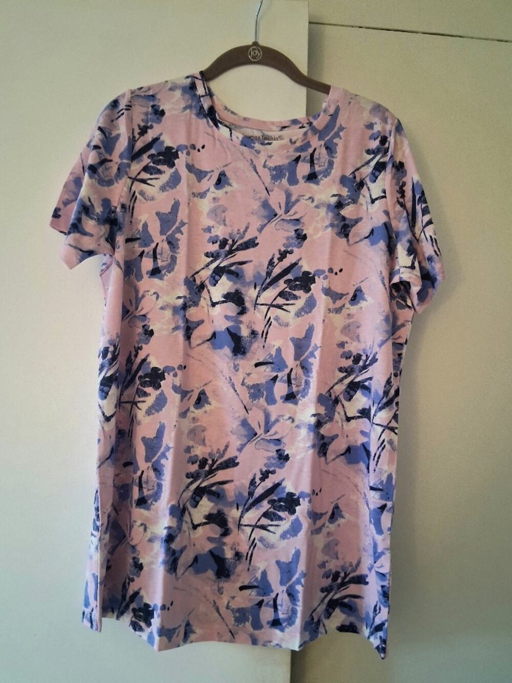 WOMAN WITHIN PRINTED SHORT SLEEVE CREWNECK TEE PINK BOTANICAL (Size 12W - Small)